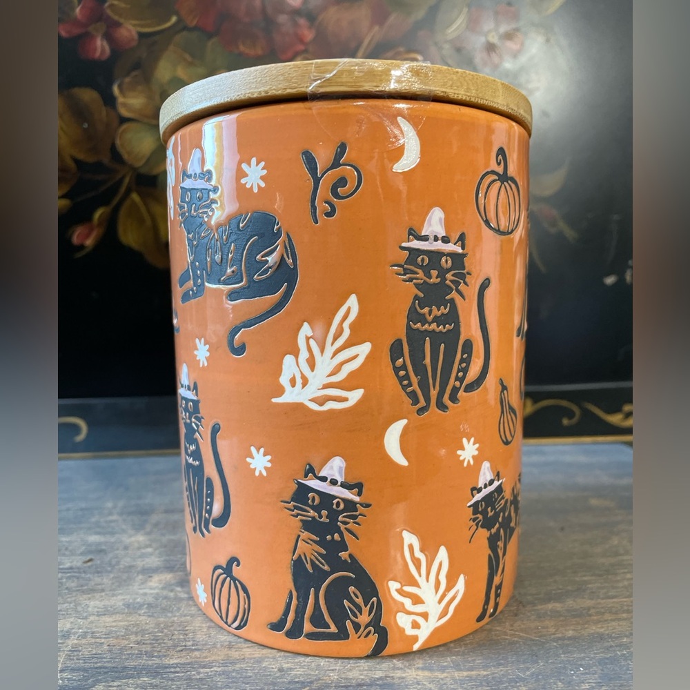 Potters studio orange black kitty cat ceramic retro vintage Halloween canister